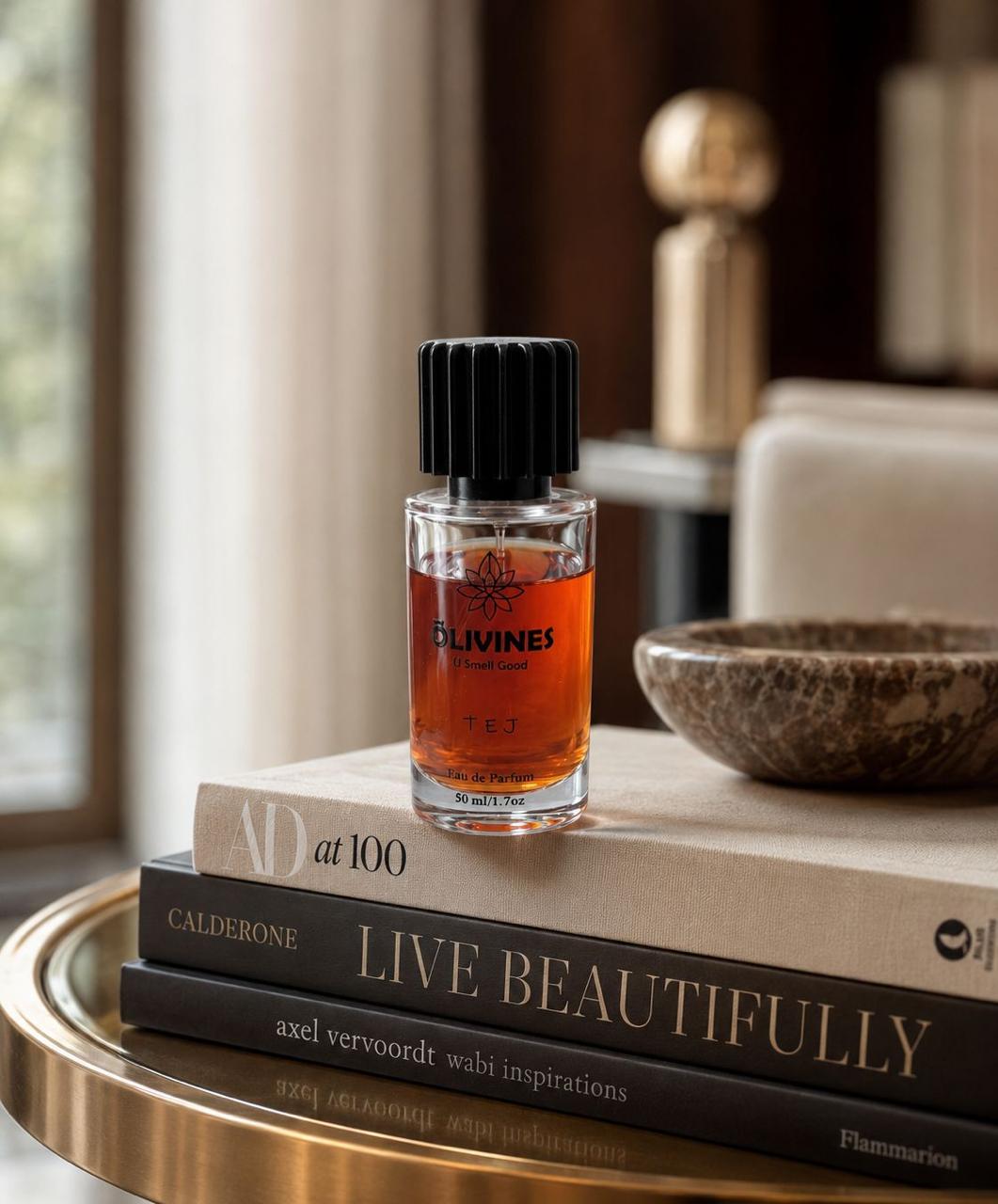 Olivines Fragrance TÉJ bottle, strong lavender and lemon scent, sleek design, vibrant colors, exuding boss energy.
