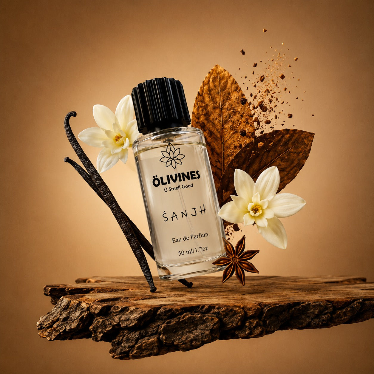 ÖLIVINES SANJH fragrance bottle by Olivines Fragrance, dark elegant design symbolizing the essence of nightfall.